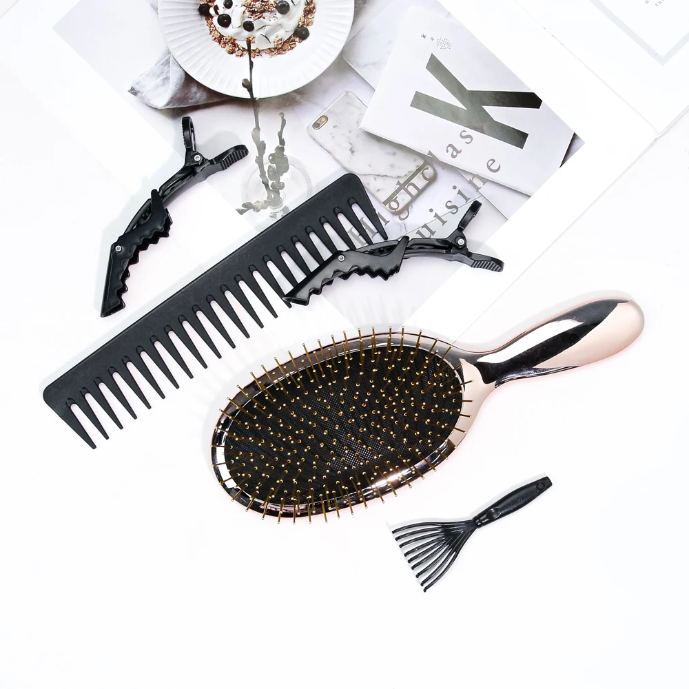 Amazing Hair Care Set Electroplating ABS Hair Brush Metal Pins Wide Tooth Comb Brush Cleaner and Clips