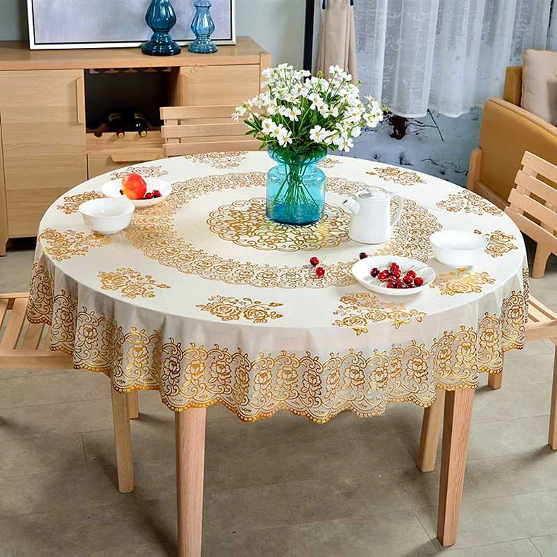 2023 white round pvc material plastic gold lace tablecloth