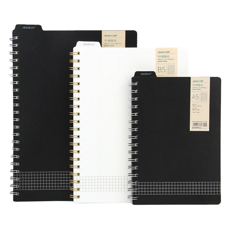 Black/White color PP plastic hard cover stationery spiral journal line grid pages with bulit-in ruler