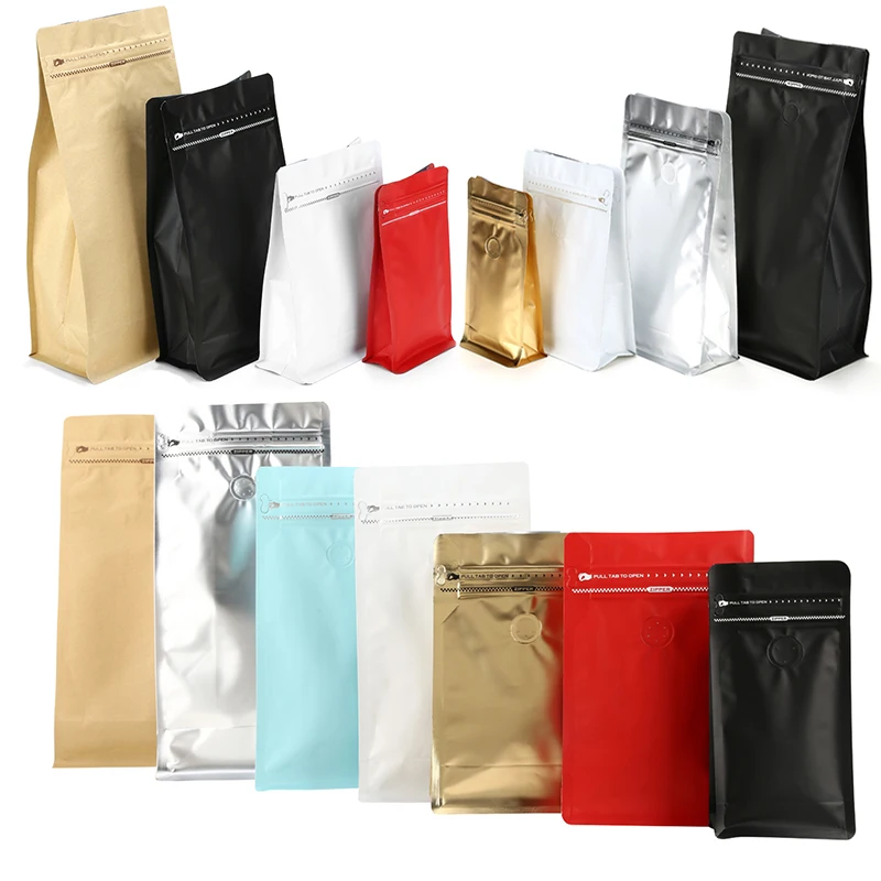 Colors Coffee Bag With Air Valve 50Pcs Flat Bottom Standing Up Aluminum Zipper Pouches One-Vent-Valve Tea Baked Beans Packaging