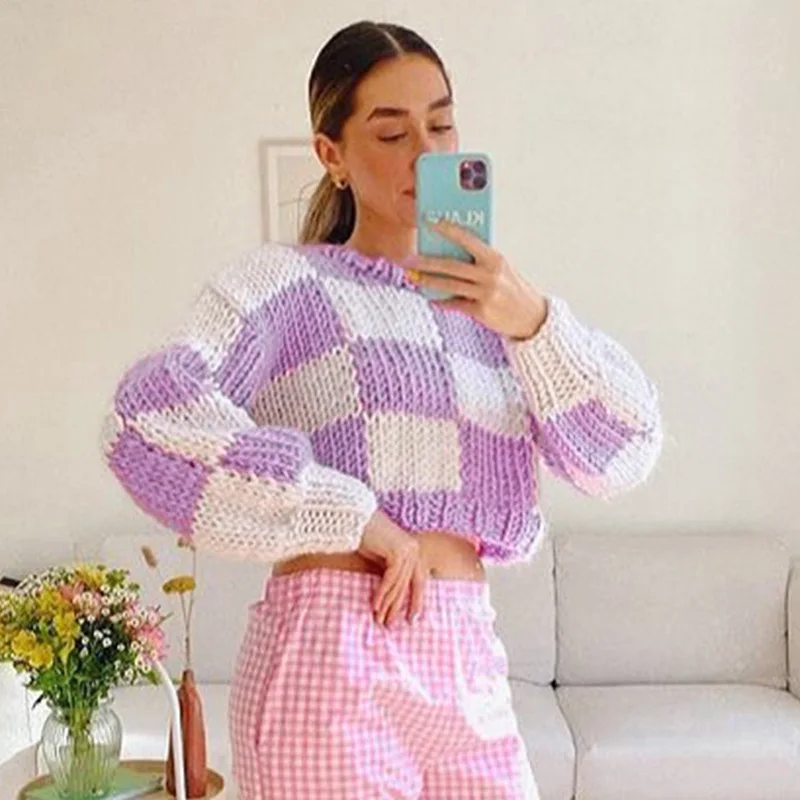 Женские свитера 2021 зимний клетчатый Вязаный топ с длинными рукавами пуловер Свободный укороченный вязаный свитер свитера с вырезом лодочкой женские топы