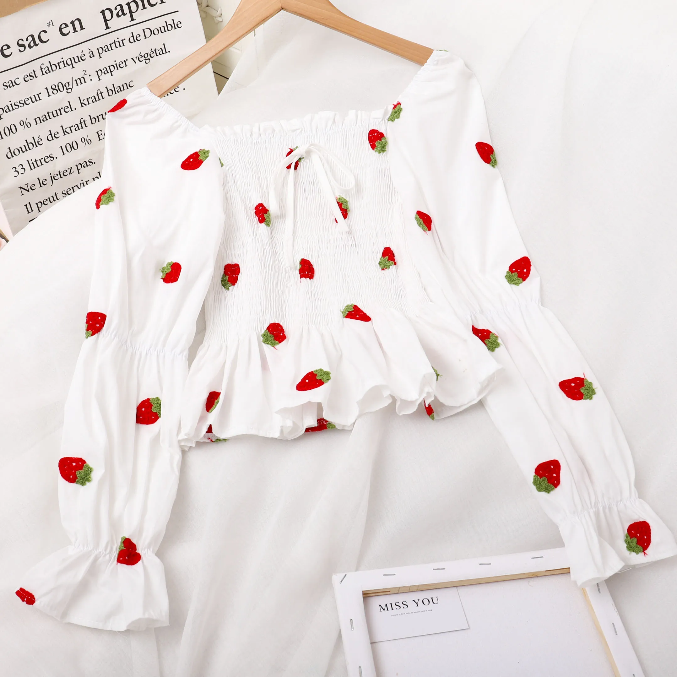 European Fashion Women Embroidered fruit Sweet Lace-up Ruffle Cuff Hem Long Sleeve One-shoulder Tops Crop Blouses T13102Y