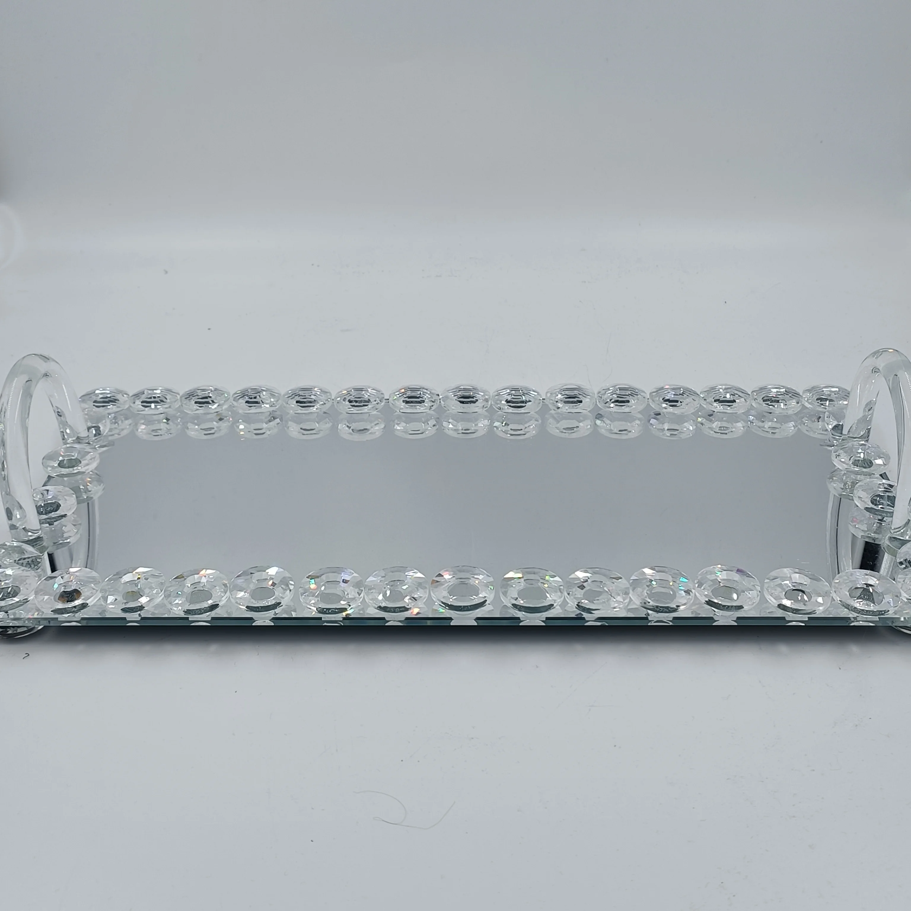 FOSUN glass tray with gold rim big size trays for food sweet cake transparent handle silver dishes display crystal tray