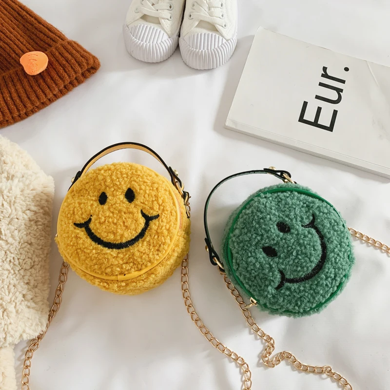 Cartoon Mini Cute Plush Smiley Pattern One-shoulder Messenger Bag Fashion Kids Designer Handbags Crossbody Bag for Toddler Girl