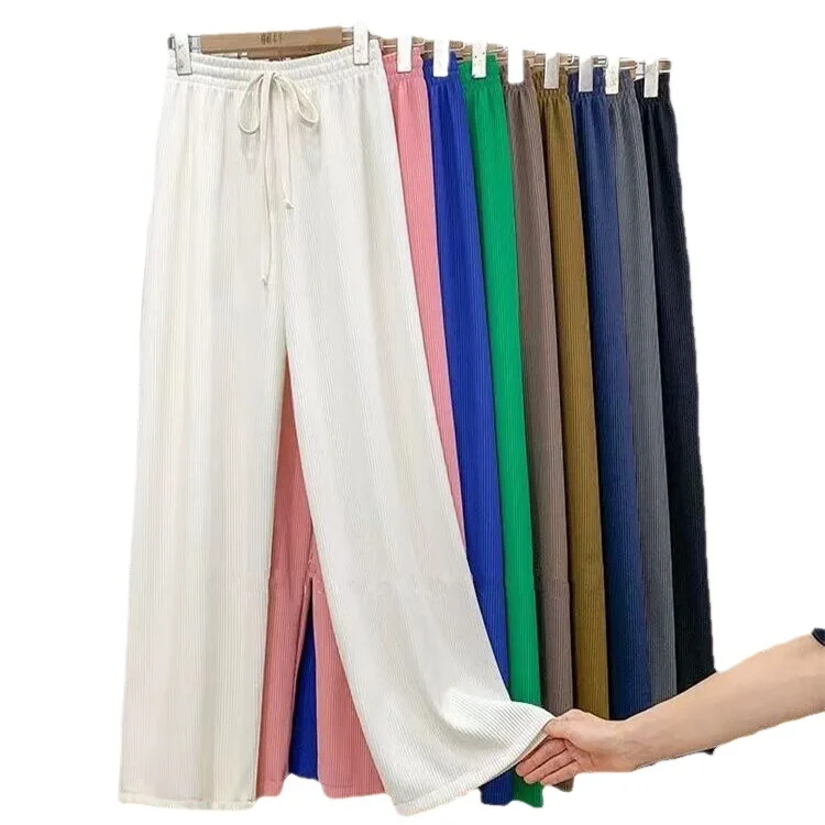 Casual solid color Women Wide Leg Pants Elastic drawstring High Waist Loose Long Pants Pleated Pant Trousers