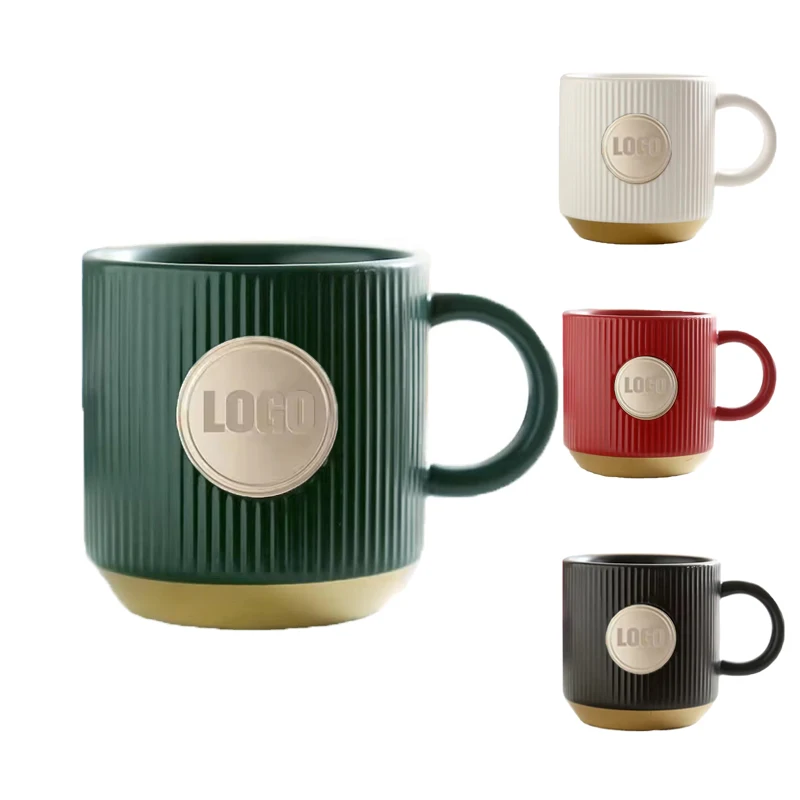 wholesale  creative copper ceramic tea mug  personalized metal nameplate logo advertising gift box  Metal Label Coffee Cup Mug