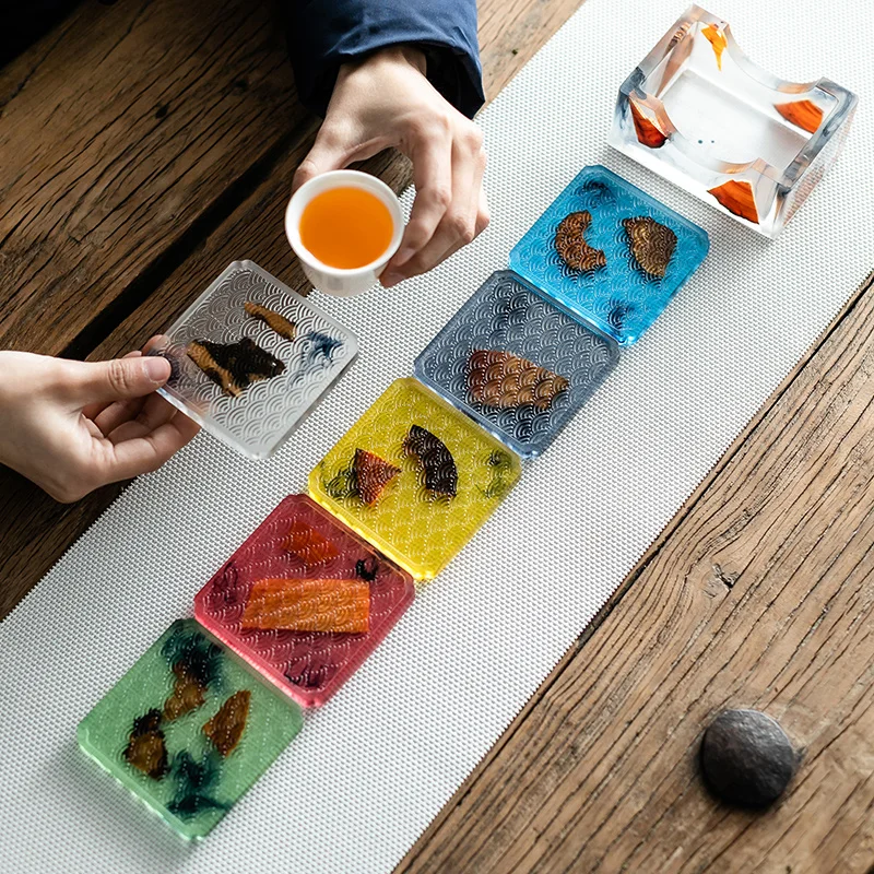 Japanese Style Resin Tea Cup Mat Solid Wood Flower Crystal Epoxy Resin Coaster Set Wood Resin Coaster