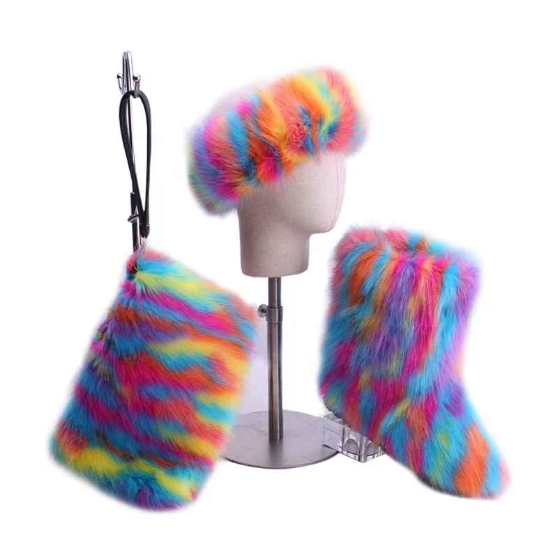 
Popular Rainbow Headbands Snow Boots Colorful Faux Fur Boots for Women 
