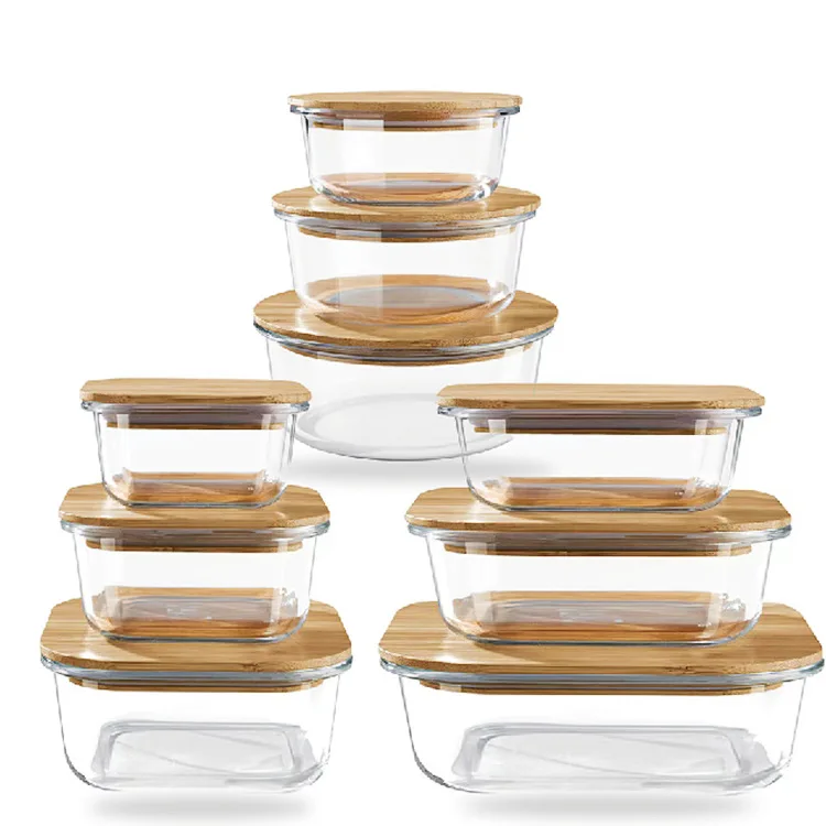Wholesale microwaveable borosilicate glass lunch box meal prep containers airtight food storage containers with bamboo lids