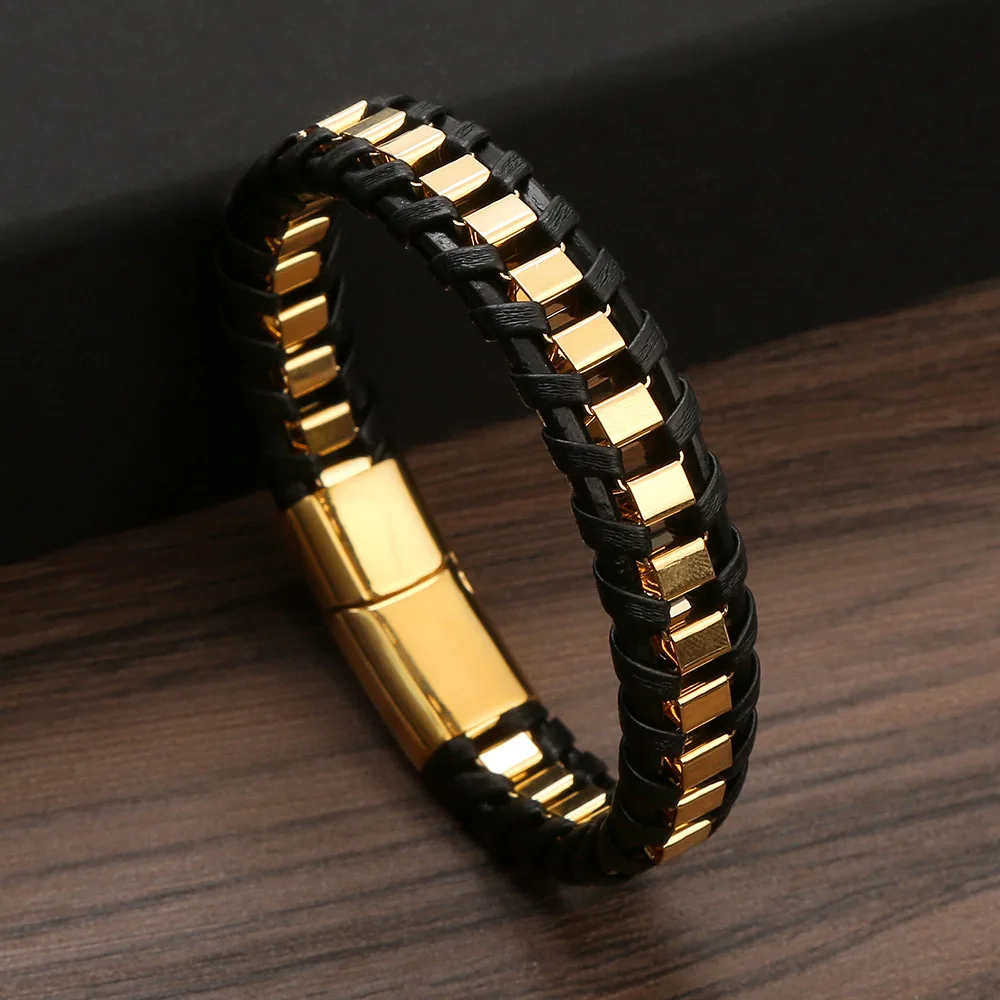 Free samples Wholesale Custom Magnetic Stainless Steel Clasp In Black Premium Genuine Leather Bracelet For Men