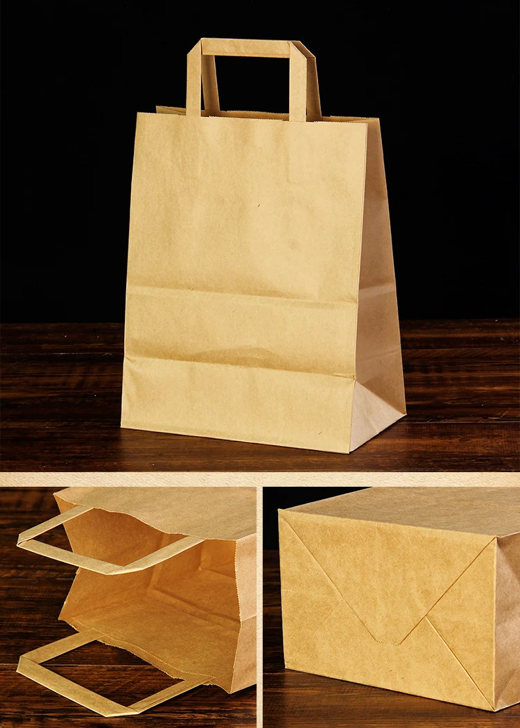 KM Custom Your Own Logo Carry Out Bag For Restaurant To Go Fast Food Biodegradable Takeaway Kraft Paper Bag With Flat Handle