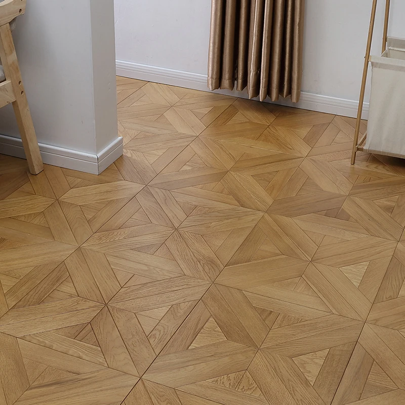 15Mm Background Wall Chinese Knot Art Oak Shaped Hardwood Floor White Colour Oak Parquet Floor Tiles
