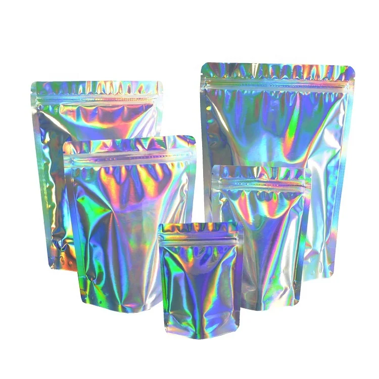 Holographic Mylar Ziplock Bags/ Aluminum Foil Hologram Food Pouch/ Stand up Zipper Reclosable Holographic Bag with Zip