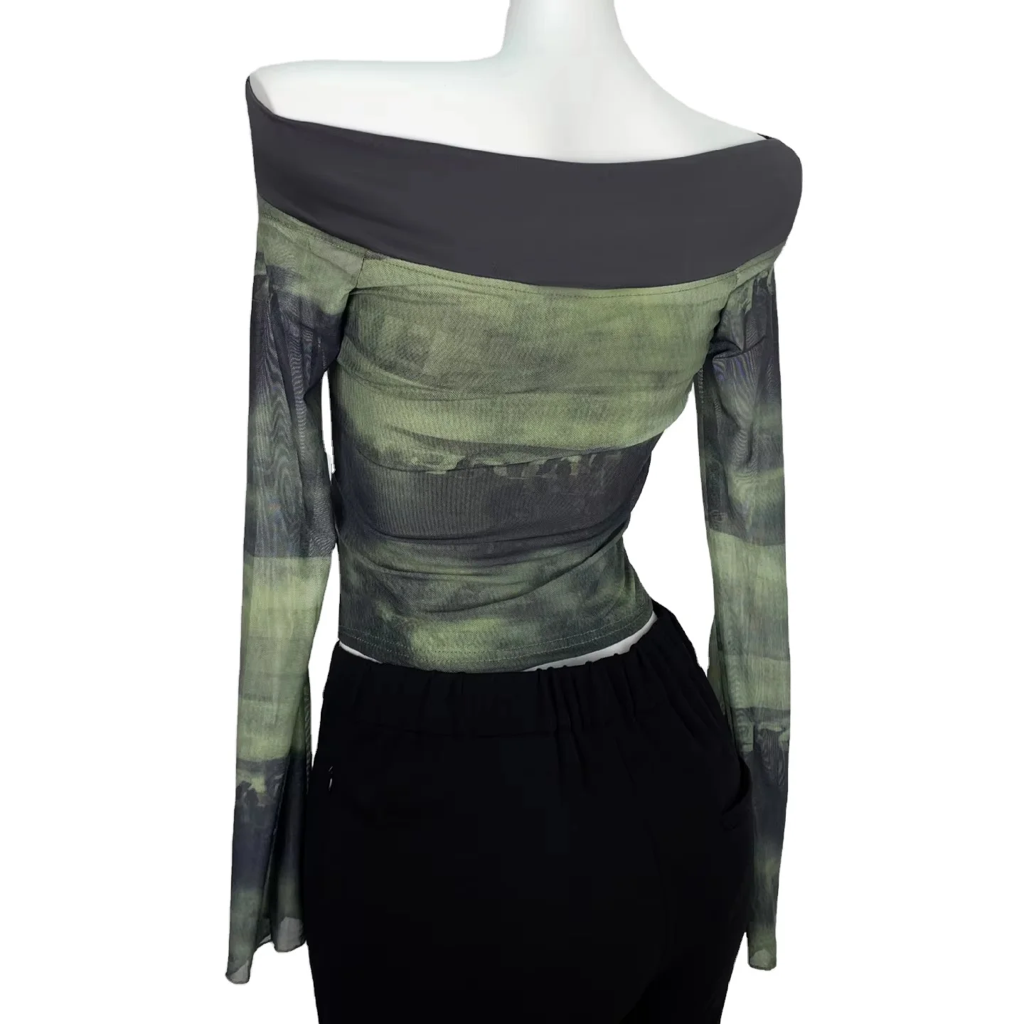 Double-layer one-shoulder hot girl top, chic and stunning green smudged trumpet sleeve mesh long-sleeved T-shirt