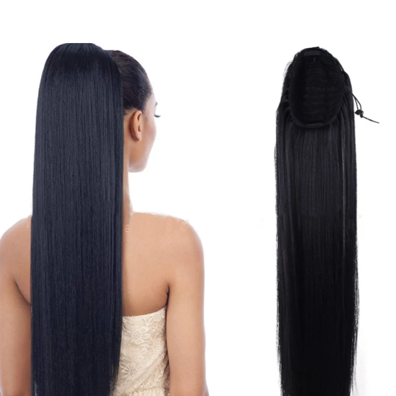 Высокое качество 30 дюймов длинные прямые синтетические волосы конский хвост волосы шелковистые drawingstring конскые хвостики чернокожей женщины