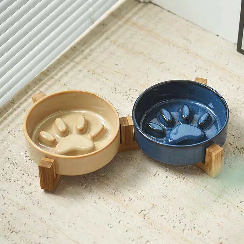 2023 Wholesale Pet Dog Bowl Ceramic Pet Slow Feeder with Wooden Frame Customizable Logo Color Packaging