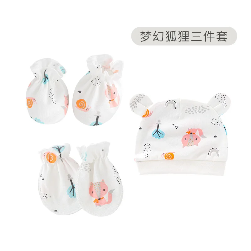 Amazon Hot sale Newborn baby boy and girl cotton breathable soft baby hats and mittens booties set