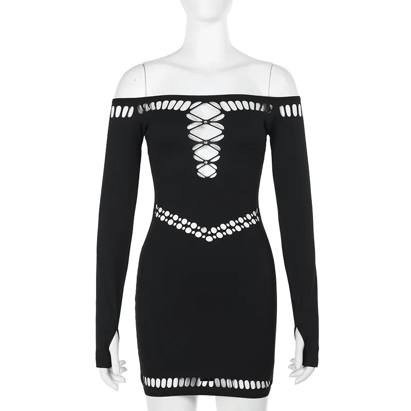Long sleeve off shoulder hollow out backless black mini bodycon dresses sexy dress for women party club night