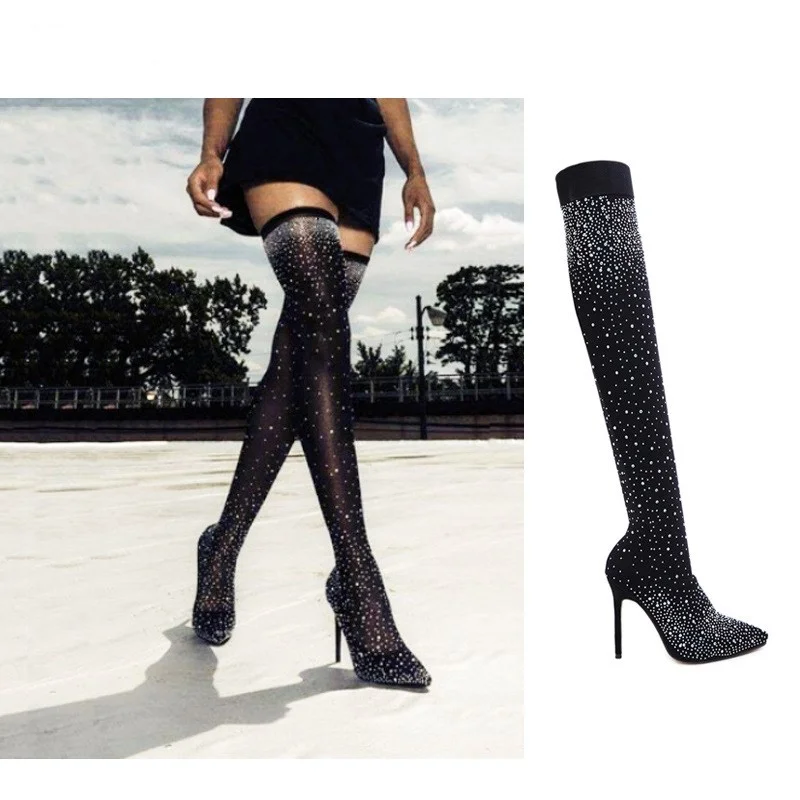 2022 Fashion Stretch Sock Boots Pointy Toe Over-Knee Stiletto diamond Thigh High Heel sock Boot Women