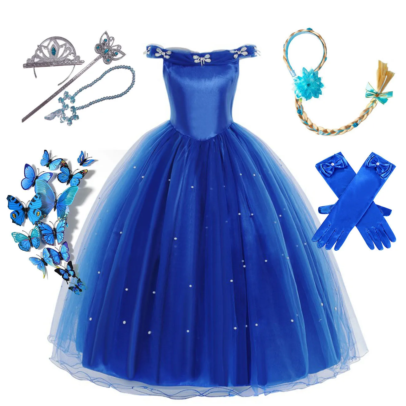 Hot Sale Cartoon Character Princess Cosplay Royal blue yarn Dress Costume with Accessories Halloween Girl Carnival Party