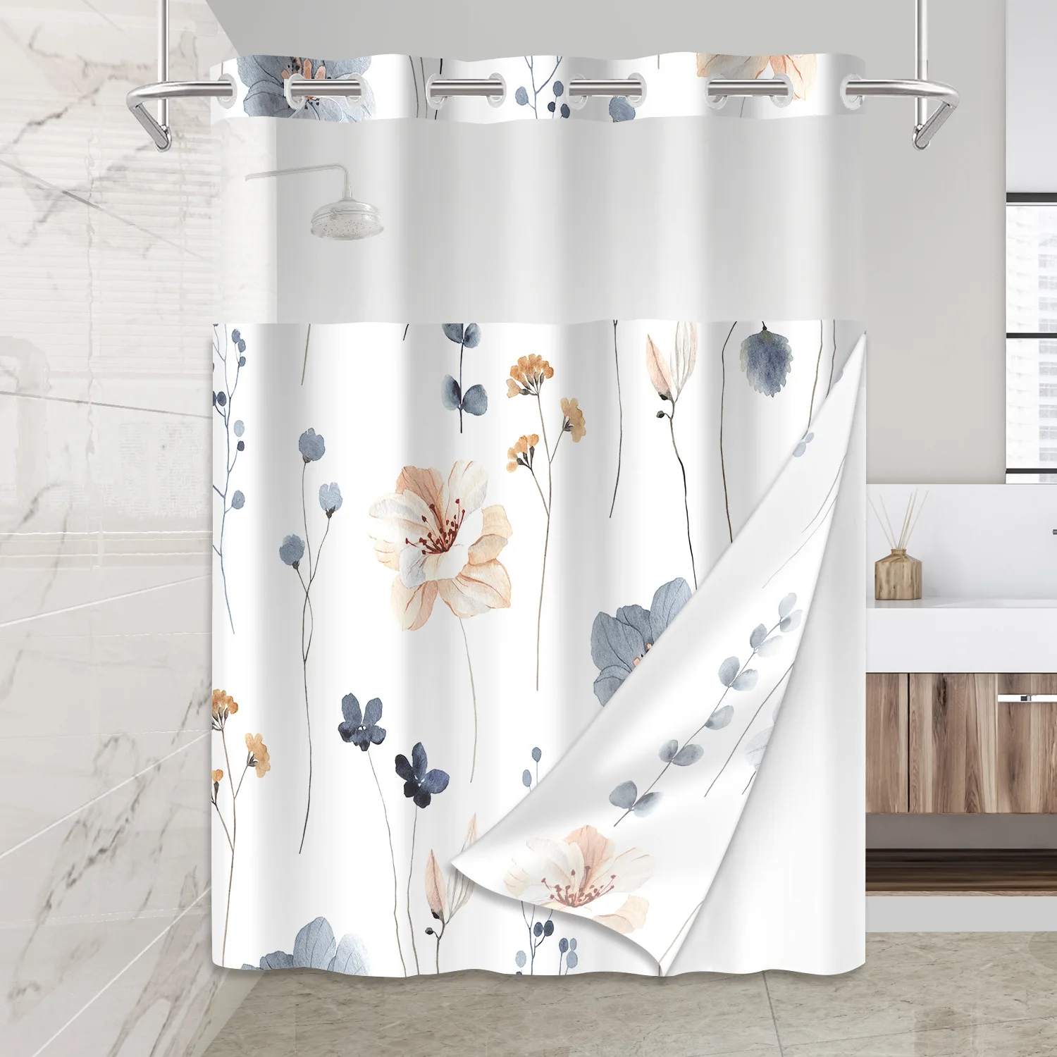 High Quality Luxury Marble Flower Waterproof Fabric Bathroom Curtain Custom Print Hookless Shower Curtains with Snap in Liner