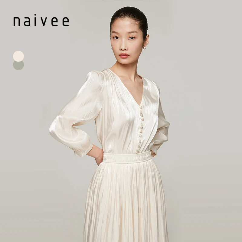
naivee spring series quality shining fabric retro style V-neck women ladies tops blouse elegant 