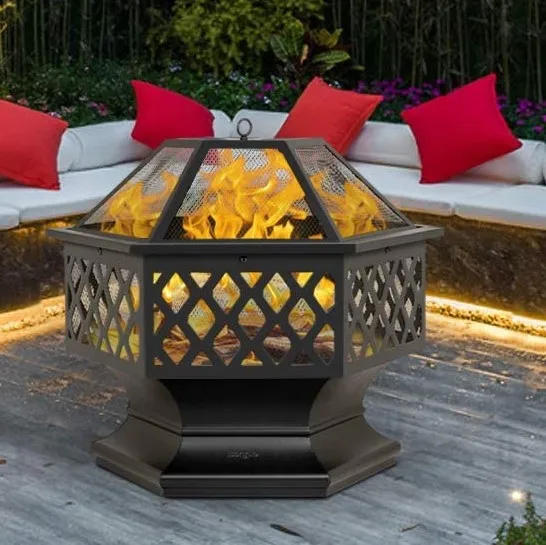 Hex-Shaped 24 inch Fire Pit for Garden, Backyard, Poolside Bonfire Hexagon Stove steel bowl fire pit
