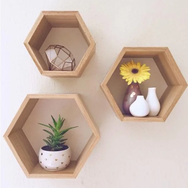 Wood Floating Shadow Box Honeycomb Hexagon Wall pine shelf