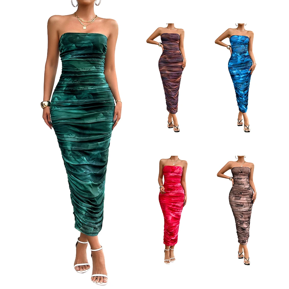 2024 Fashion New Pleated Bodycon Tube Dress Ladies Long Bandage Dresses for Women Elegant Wholesale