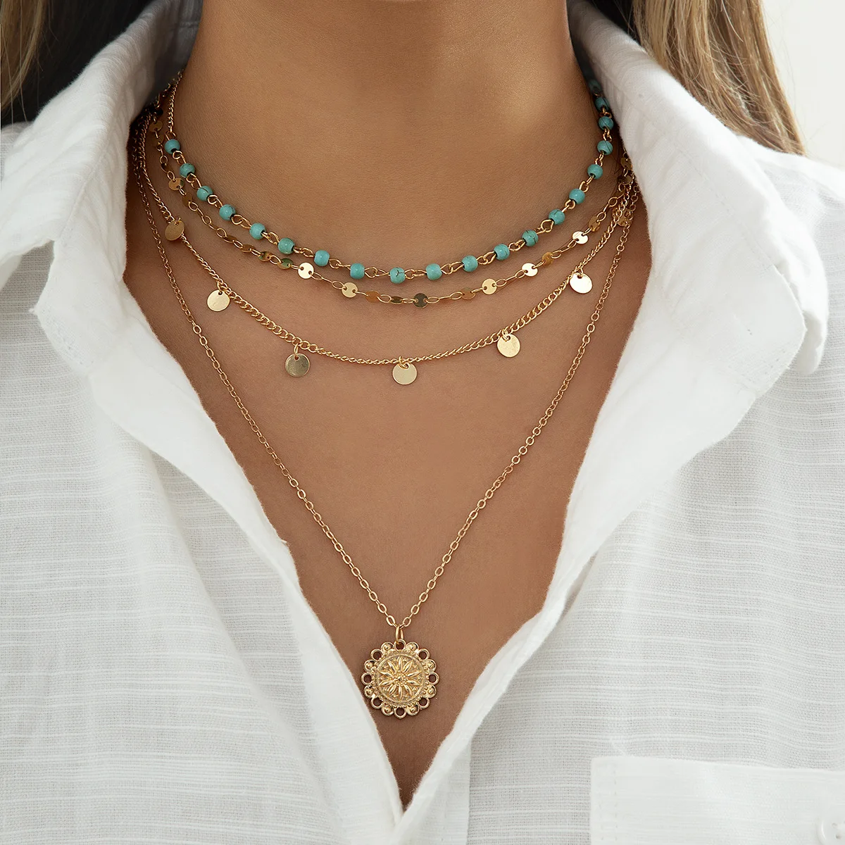 2024 Trendy Turquoise Copper Chain Seashell Necklace Puka Shell Necklace Summer Beach Necklace Country Concert Outfits for Women