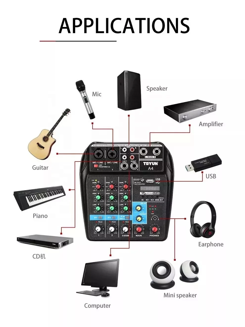 TU04professional BT микшерная консоль запись 48В монитор AUX Пути Плюс эффектов 4 каналов аудио микшерный пульт