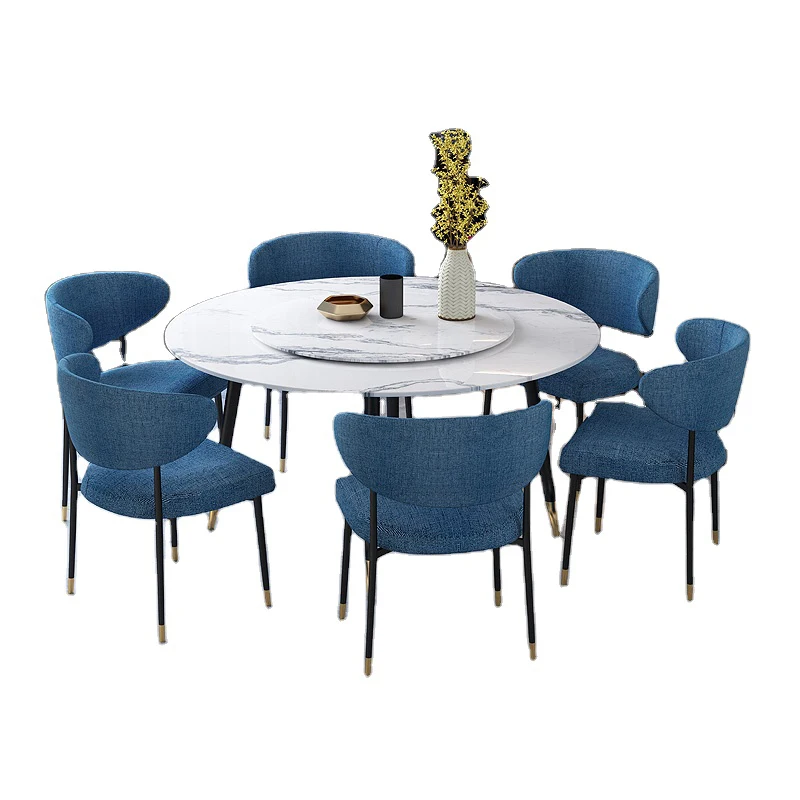 Оптовая продажа, высокое качество, белый современный светлый роскошный обеденный набор, простой стиль, мраморный стол, круглый стол, металлические ножки, обеденный стол