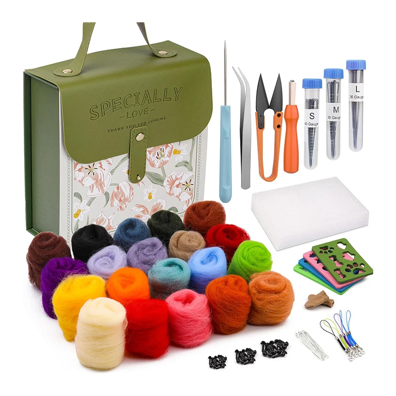 Portable DIY Craft Home Decoration Gift Felting Tool Starter Kit Wool Roving 20 Colors Set Needle Felting Kit