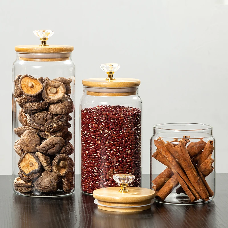 Manufacturer BPA free  non-toxic Clear Cylinder High Borosilicate Glass Canistor Glass Jar with Bamboo lid diamond decoration
