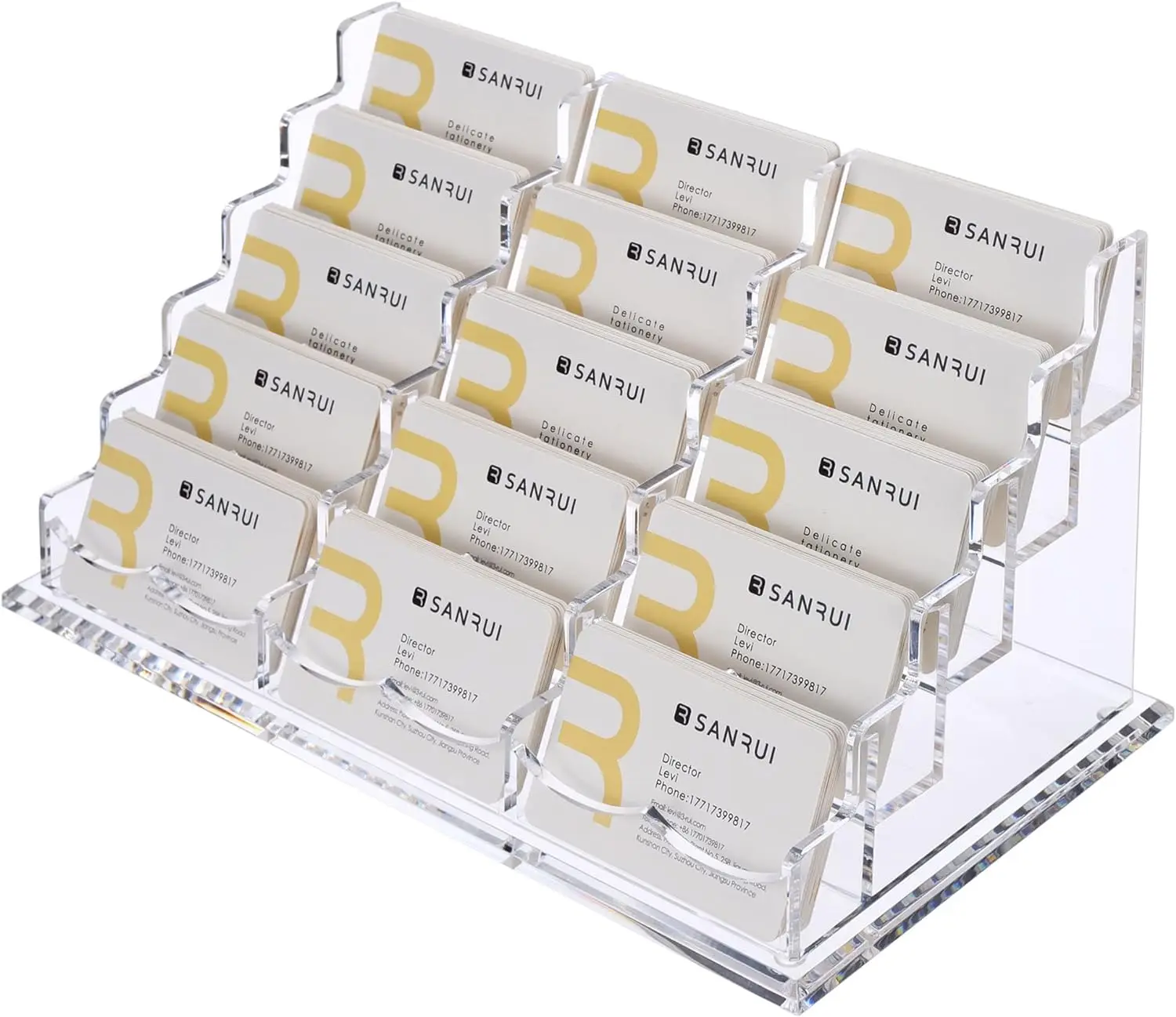 15 slot clear horizontal 5 layer acrylic multiple business card holder shows desk holding 750-900 cards