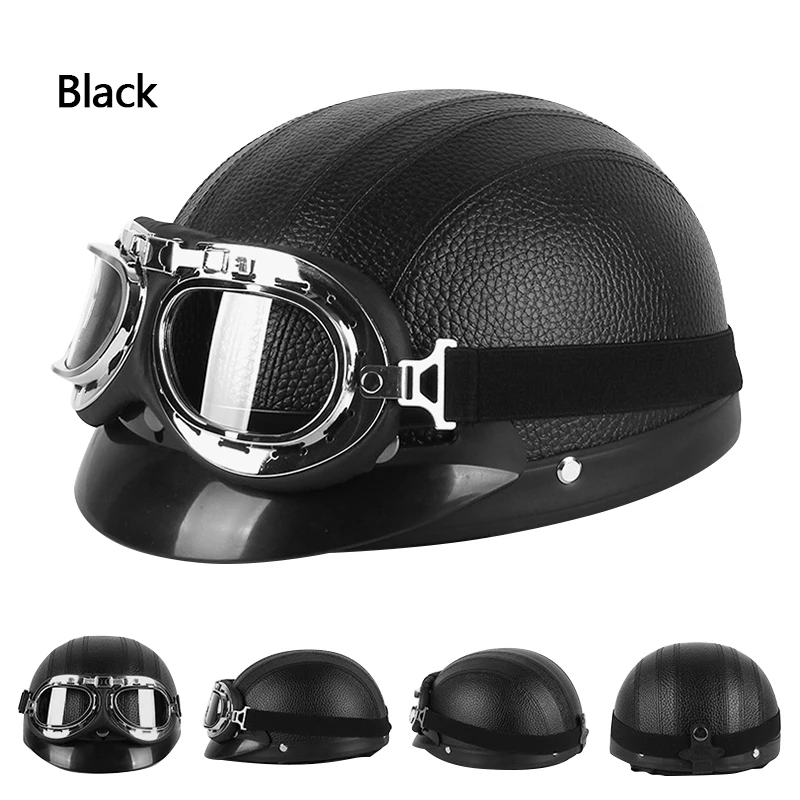 Motor Synthetic Leather Vintage Motorcycle Motorbike Scooter Helmets with Goggles
