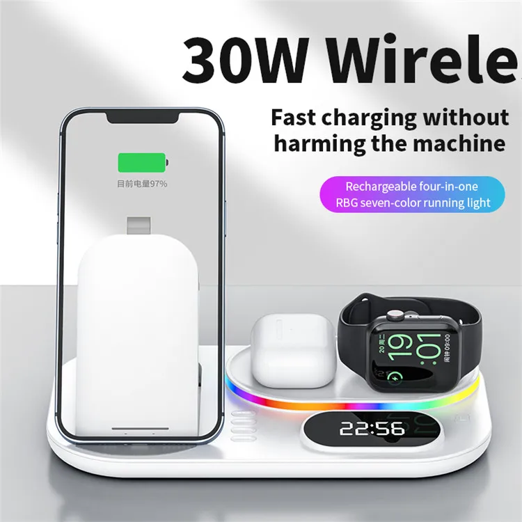 4 in 1 Folding Wireless Charging Station Dock For Xiaomi Samsung iPhone 13 12 Pro Max Charge Holder Stand With LED Digital Clock