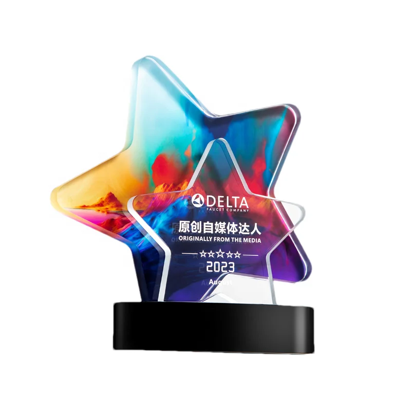 New Sports Custom patterns Championship Trophy Creative Custom Star Color Printed Crystal Glass awards Trophy with crystal base