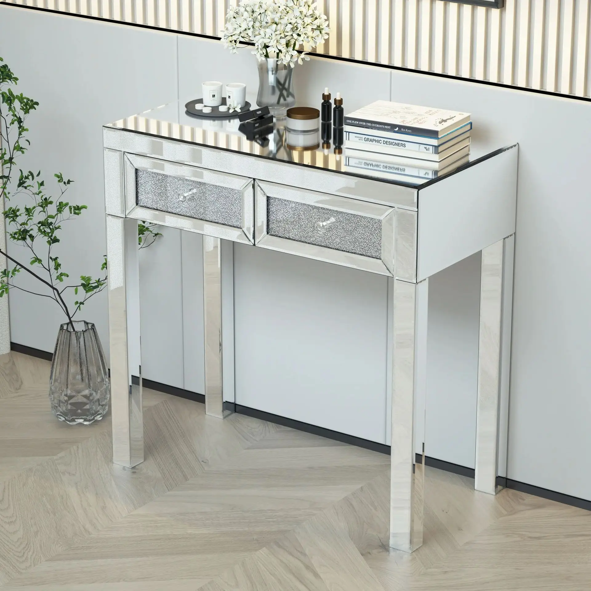 High-end glass mirror vanity broken diamond built-in 2 drawer storage table