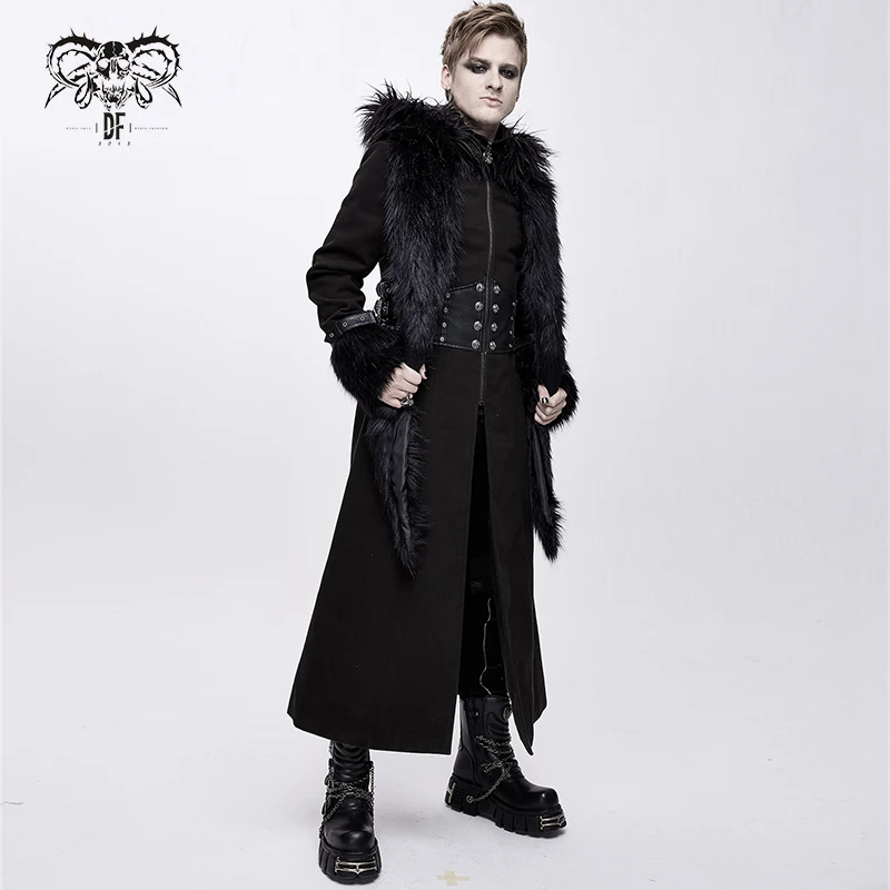 Черные мужские шерстяные длинные шубы CT127 Devil fashion с капюшоном