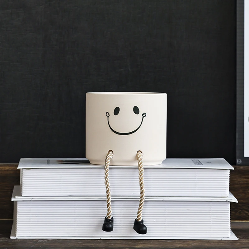 Lovely Cartoon Expression Design Stackable Ceramic Plant Pot with Hanging Rope Shoes