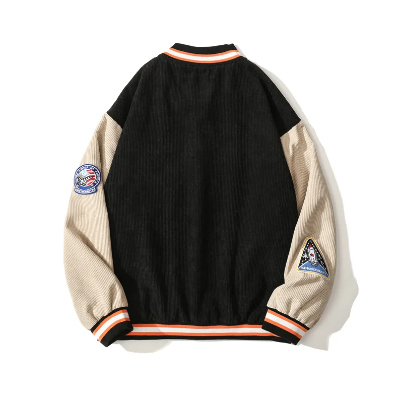 corduroy jacket men 2021 trend patchwork embroidered design color block sleeve unisex baseball men loose jacket