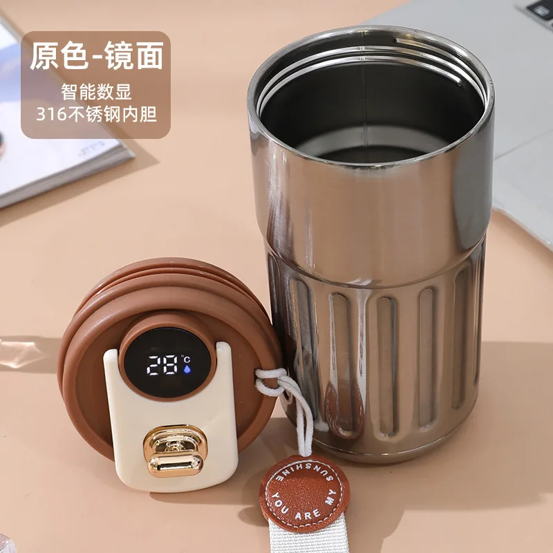 New intelligent temperature 316 stainless steel coffee cup thermos double wall drink accompanying cup with rope portable car cup