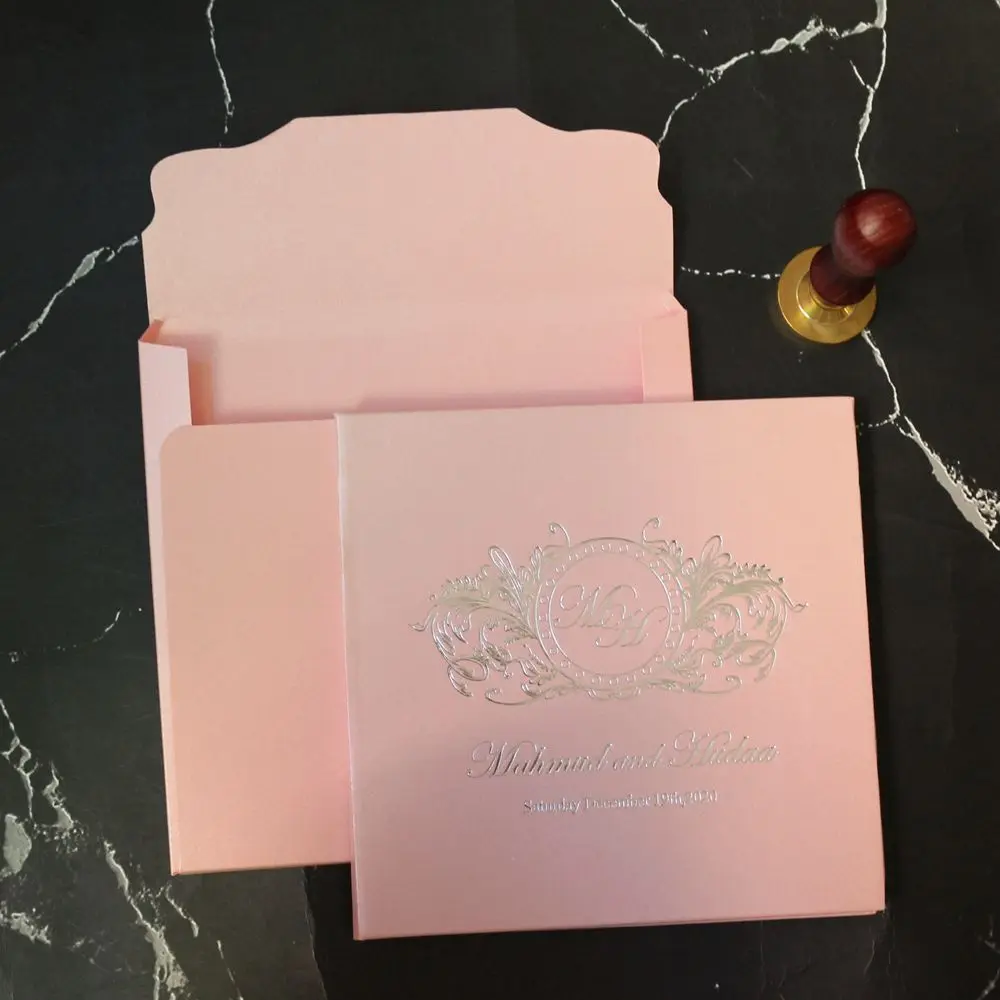 Square size blush pink wedding invitation hardboard with small cards