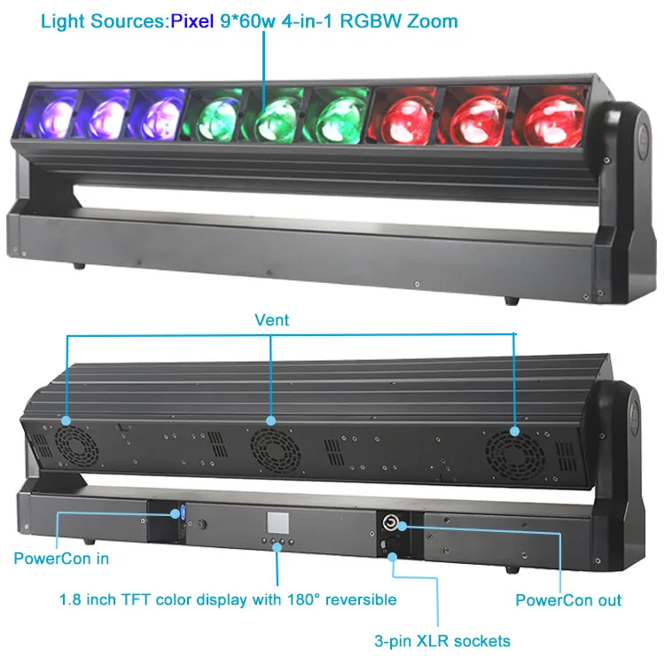 9x60w Zoom Wash Beam Nightclub Pixel Bar RGBW 4in1 LED Bar Moving Head DJ Light DMX Stage Lighting