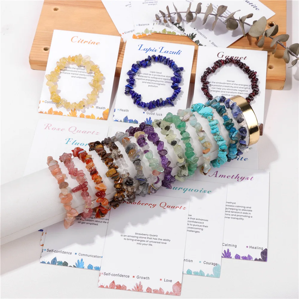 Dainty Chakra Tumble Stone Bracelet Crystals Healing Stones Jewelry Stacker Bead Bracelets with Wishing Cards