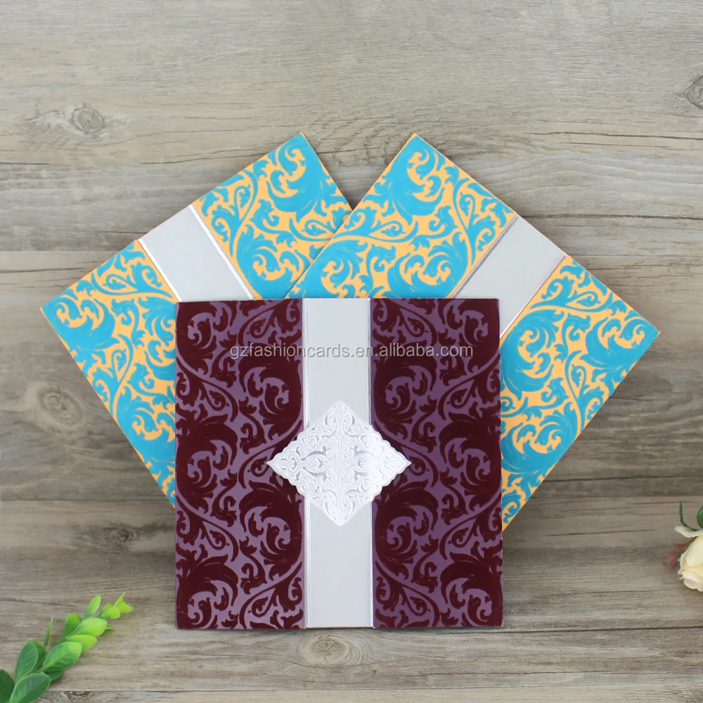 New Product Ideas Personalised Dark Green Flocking Embossed Wedding Cards and velvet pattern invitation cards