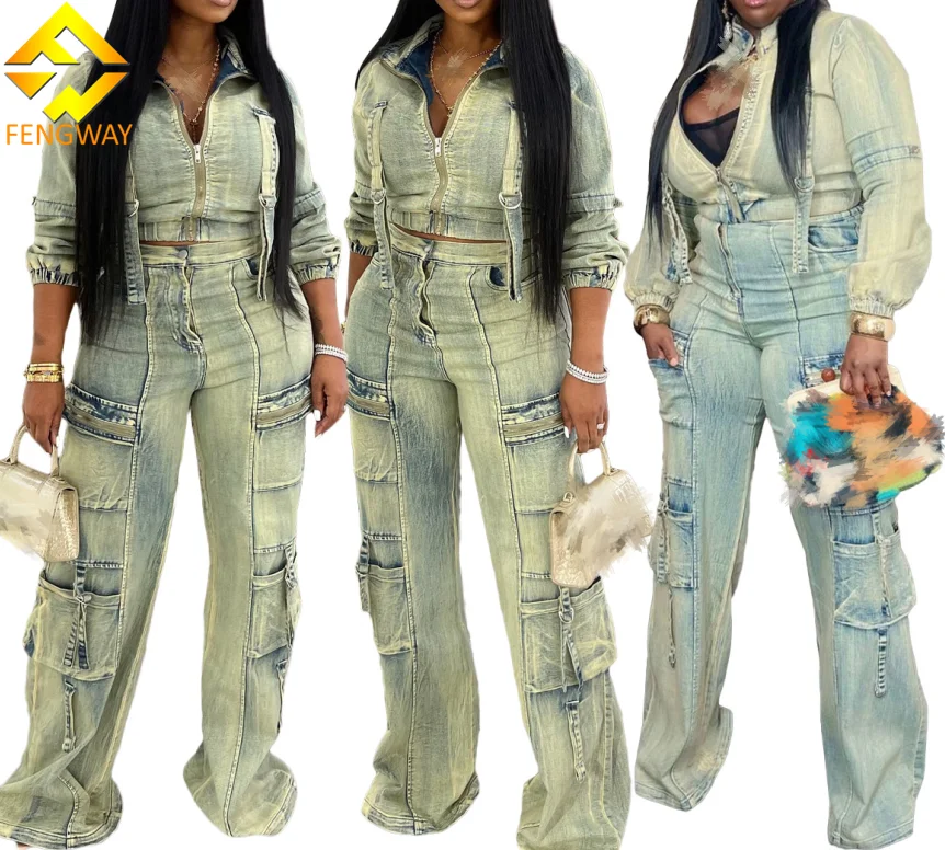 2024 New Fall Winter Fashion Denim Women clothes Set Elastic Jacket +Multipocket Cargo Jeans Pants Streetwear 2 Piece Sets