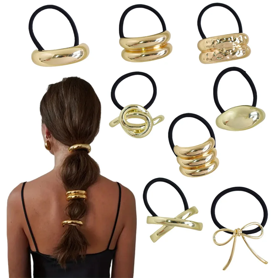 Hair Tie ponytails Bracelet knocker ball Bow Elastic Gold Metal hair ties For Women