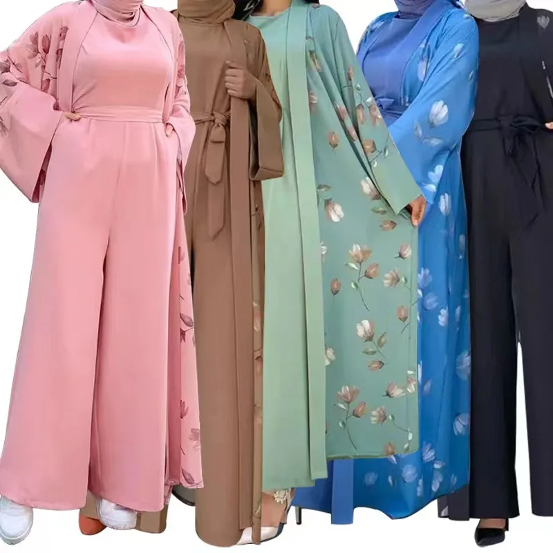 New Top Best Selling 2pcs sets Arabic Supplier Long Sleeve Ladies Islamic Clothing Abaya Muslim Women Dress with Jumpsuits